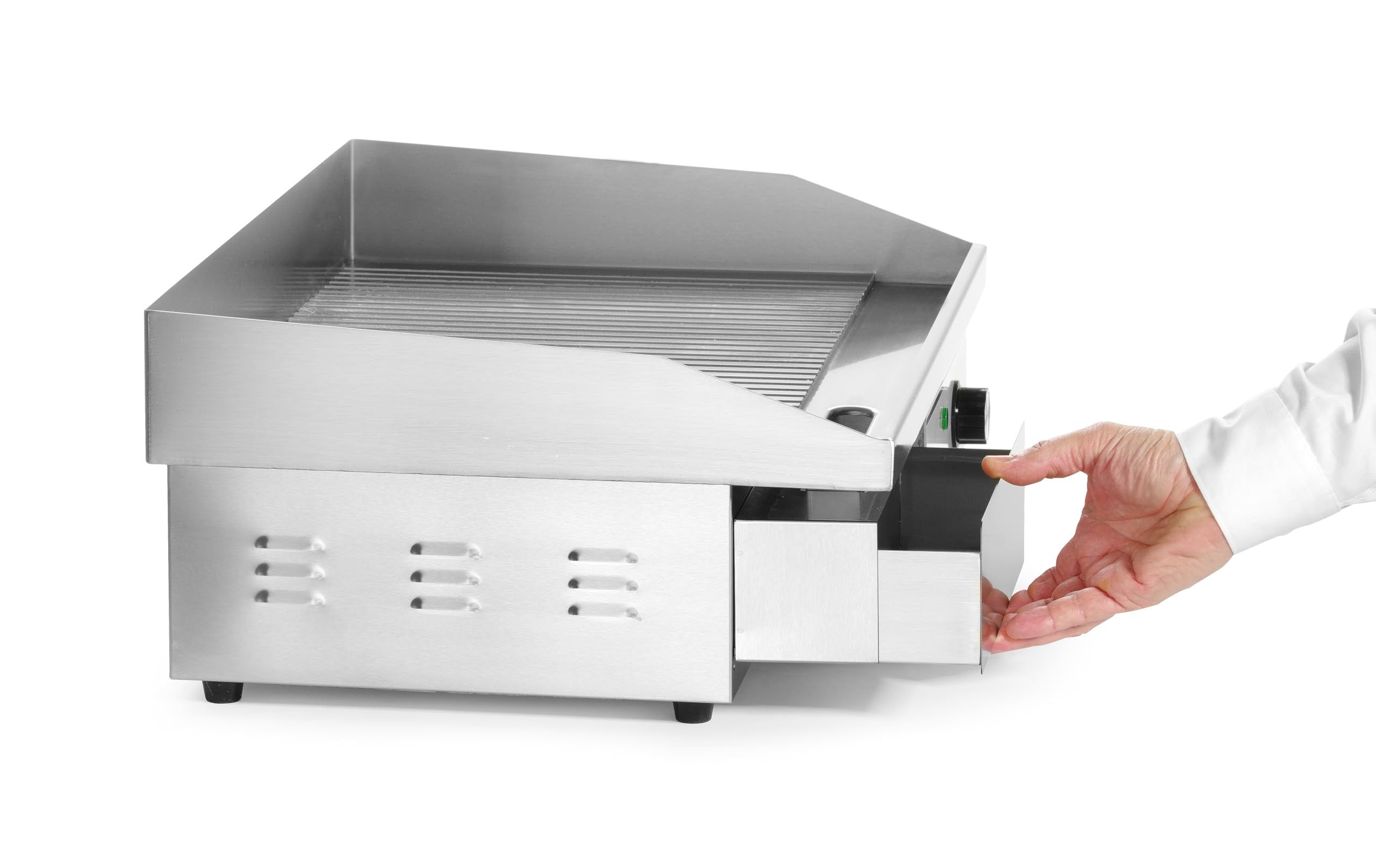 HENDI Plancha à griller électrique rainurée, plaque de cuisson, grill barbecue avec tiroir à graisse amovible, température jusqu’à 300°C, 220V, 3000W, 550x430x(H)240mm, inox