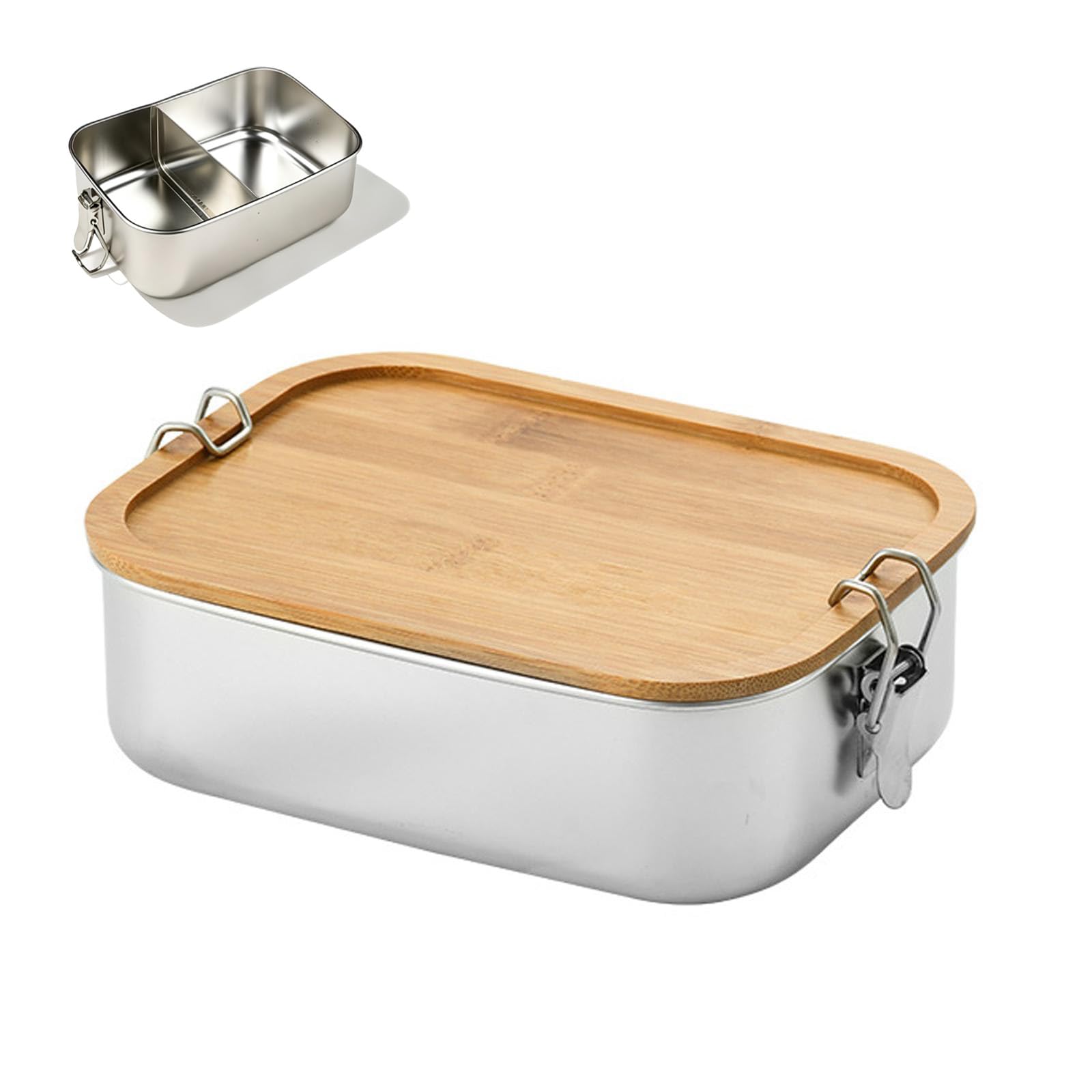 Boîte à Déjeuner en Acier Inoxydable 304 2 Compartiments 1200ml | Bento en Acier Inoxydable 304 avec Couvercle en Bambou, Anti-Fuite Lavable au Lave-Vaisselle pour École, Bureau et Sorties