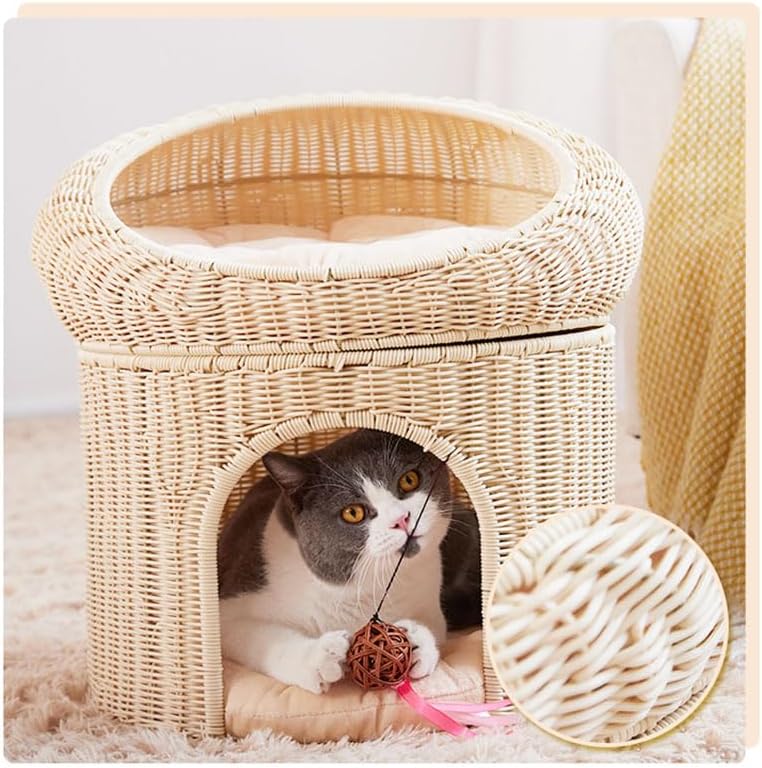 review Elevated Cat House Rattan Breathable Pet Bed Rattan Nest Cute Double Layer Cat Villa Raised Cat Bed Nest Cat Basket Bed Chair Outdoor Cat Furniture (Black)