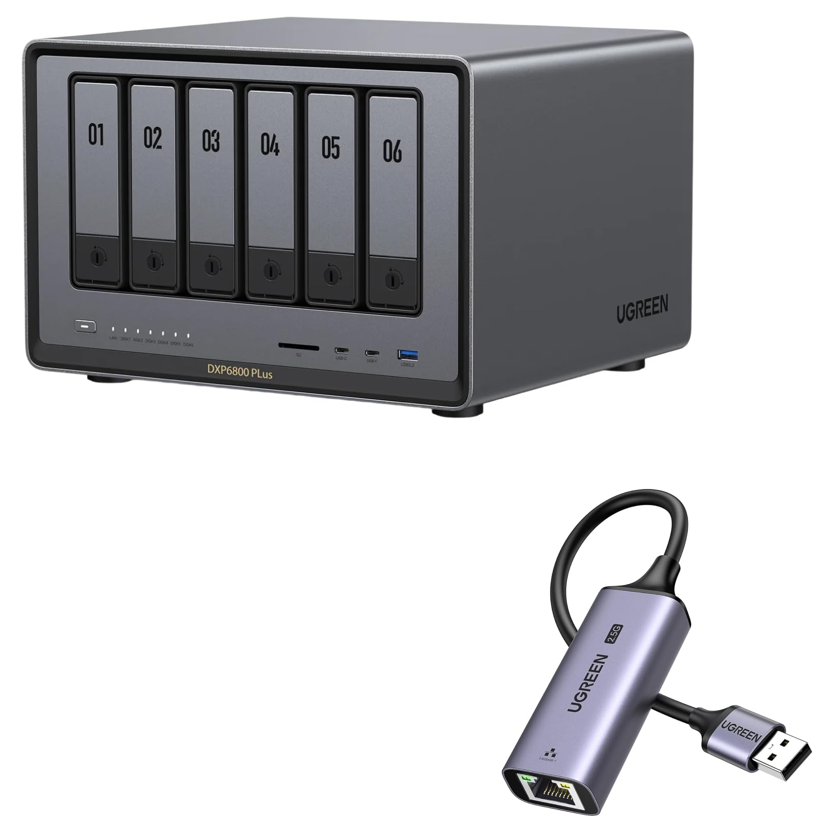 UGREEN NASync DXP6800 Pro 6-Bay NAS Server mit USB 2.5G LAN Adapter(Diskless)