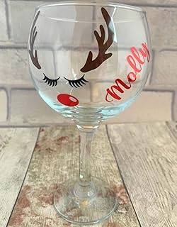 Personalised Christmas Reindeer Gin Glass, Novelty Xmas Drinks Glasses with Name, Secret Santa Gifts for Women, Unisex Stocking Fillers, Xmas Gin Glasses with Name on, Festive Gin and Tonic Glasses