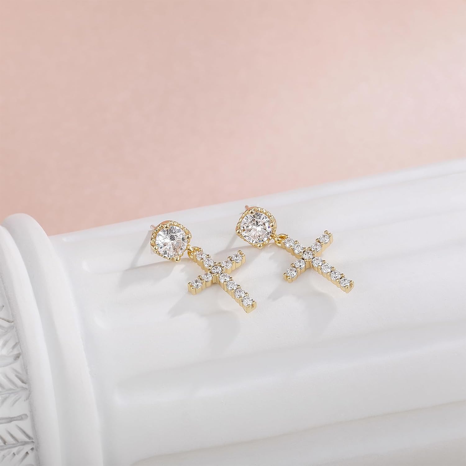 Cross Earrings For Women 14K Gold Plated Dangle Drop Earrings Sterling Silver Post Cubic Zirconia Religious Hypoallergenic - Image 2