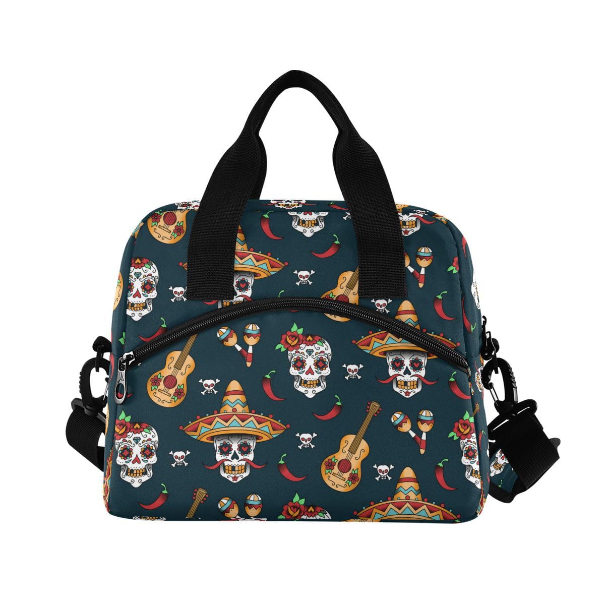 ALAZA Lunch Bags for Women Girls Boys, Mexican Sugar Skulls Peppers and Guitar Insulated Lunch Box with Shoulder Straps and Handle, Crossbody Tote Lunch Bag for School Office