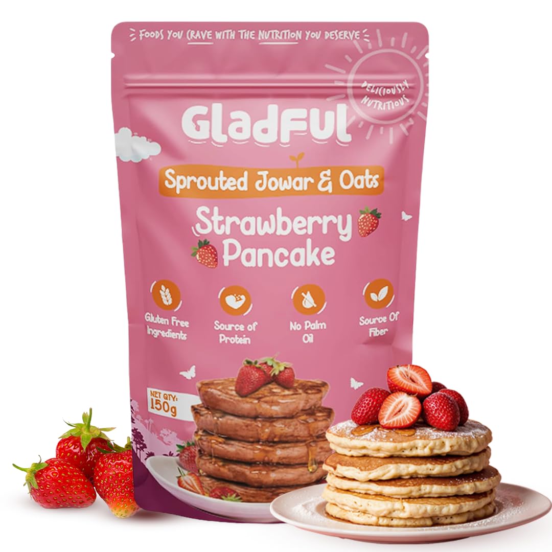 Gladful Strawberry Pancake Mix, No Maida, No Palm Oil, No Refined Sugar, Gluten Free, High Sprouted Protein, Low Carbs, Made with Jowar and Oats, Eggless 150 Gm - Pack of 1