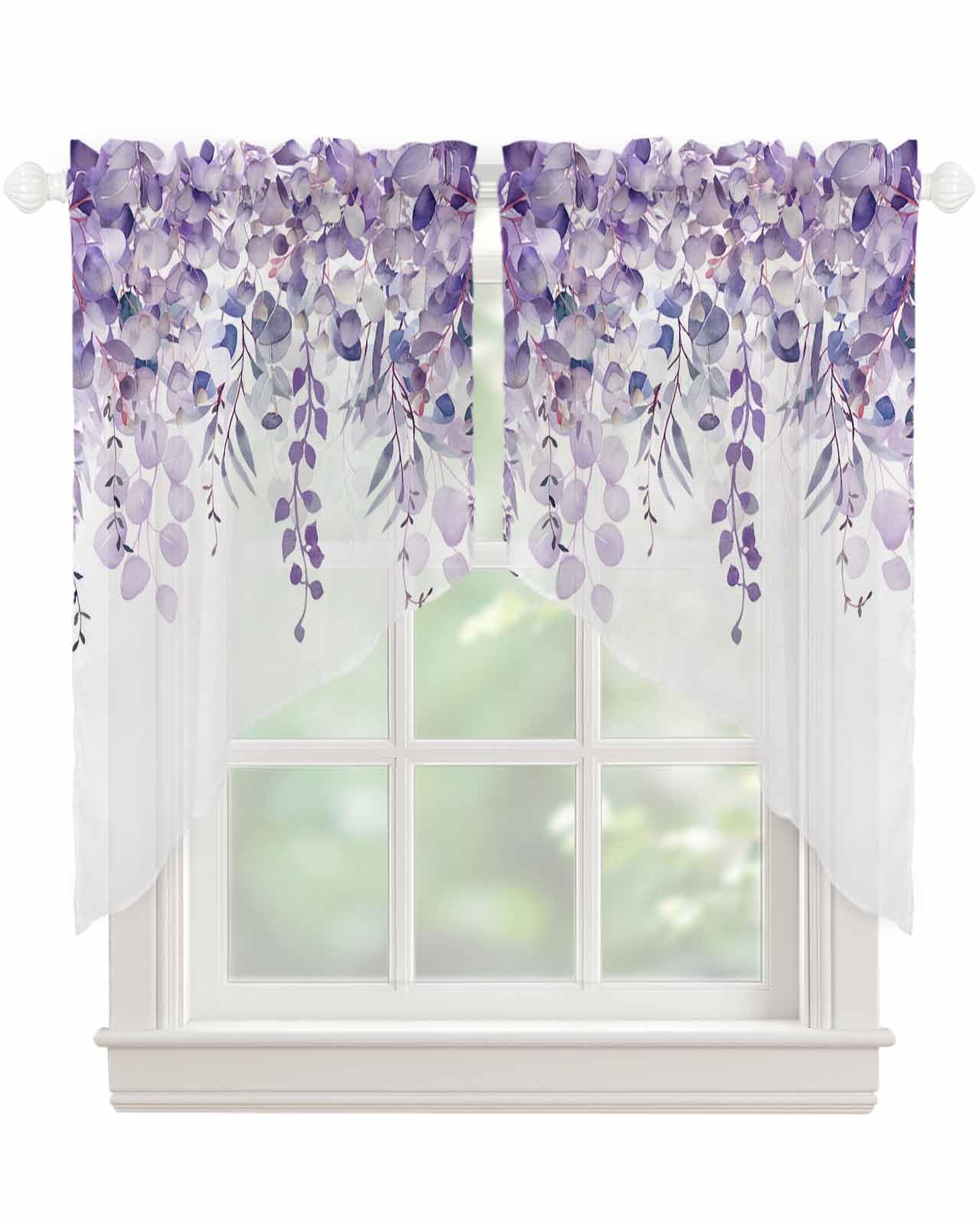 LaBLUUX Semi Sheer Curtains Swag Valances, Purple Eucalyptus Leaves Retro Plant Leaf Rod Pocket Swag Curtains, Sheer Short Window Swags for Kitchen