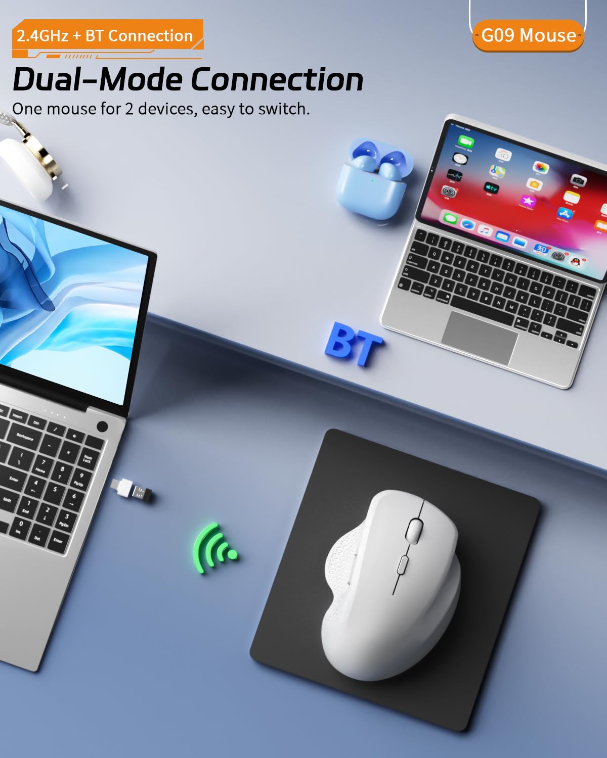 Uiosmuph G09 Bluetooth Wireless Mouse, BT5.1 & 2.4Ghz Rechargeable Computer Mouse with USB Receiver and Type C Adapter, Ergonomic Bluetooth Mice for Laptop, iPad, Mac - White — view 3