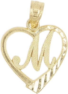 14k Solid Gold Initial Pendant in Heart Frame with Diamond Cut Finish, Available in Different Letters of Alphabet Personalized Charm for Women M