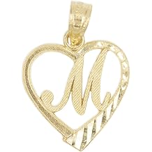 10k Solid Gold Initial Pendant in Heart Frame with Diamond Cut Finish, Available in Different Letters of Alphabet Personalized Charm for Women M