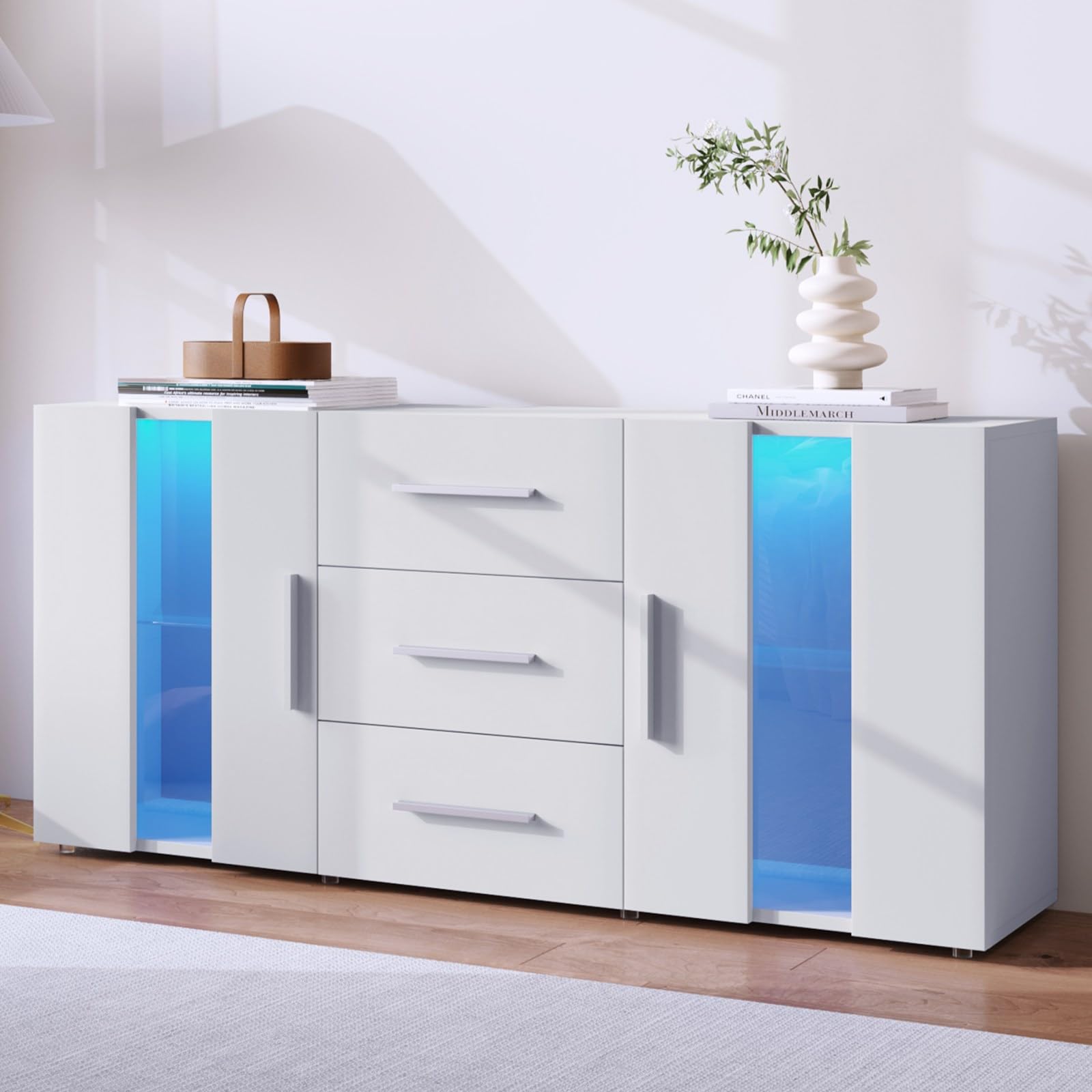 KOMHTOM Buffet Lumineux à LED, Meuble TV Moderne Blanc, Armoire de Rangement avec 3 tiroirs et 2 Portes, Commode pour Salon, Chambre à Coucher, Couloir et Salle à Manger (H)