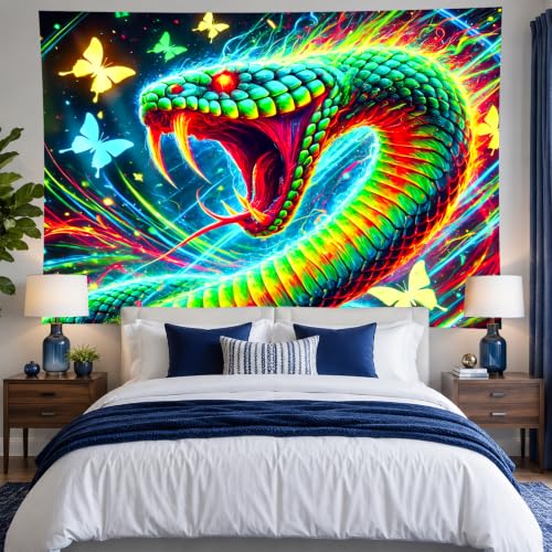 Image of BlissYard Psychedelic Dragon Blacklight Tapestry 78x59 Inch UV Reactive Wall Hanging Fantasy Castle Scene Glow in Dark Backdrop Luminous Blacklight Tapestry Aesthetic Decor Art