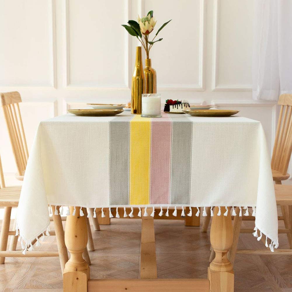 Deggodech Beige Colorful Elegant Stitching Tassel Tablecloth Rectangular Cotton Linen Table Cloth Rectangule Beige Dustproof Table Cover Washable For Kitchen Dinning Table Decoration (Beige, 140 * 180Cm/55"*71")