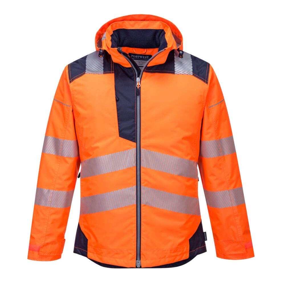 Portwest PW3 T400 Mens Hi Vis Hooded Work Jacket Waterproof Lightweight Quilt Lined Thermal Winter Safety Coat 300D Oxford Reflective Tape for Construction Rail Utility, Orange/Black, S