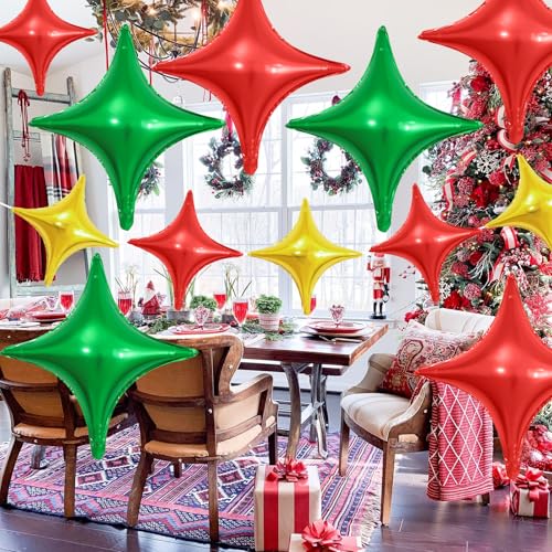 Image of Red Green Gold Star Balloons,12Pcs Four Angle Star Foil Balloons