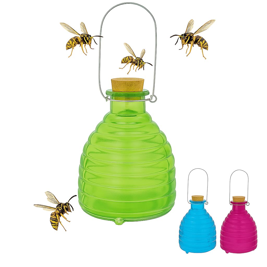CKB LTD 1x Small Wasp Trap Catcher - Coloured Ribbed Glass Honey Pot Bottle Design with Metal Hanger Traditional Attractive Hanging For Insect Indoor Outdoor Garden Pest Control (Green)