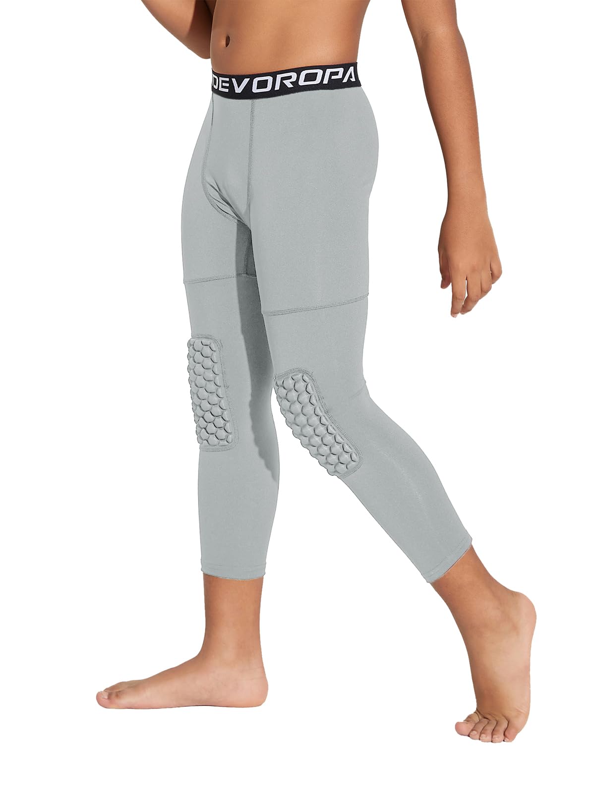 DEVOROPA Youth Boys' Compression Pants with Knee Pads 3/4 Basketball Athletic Tights Quick Dry Sports Workout Leggings