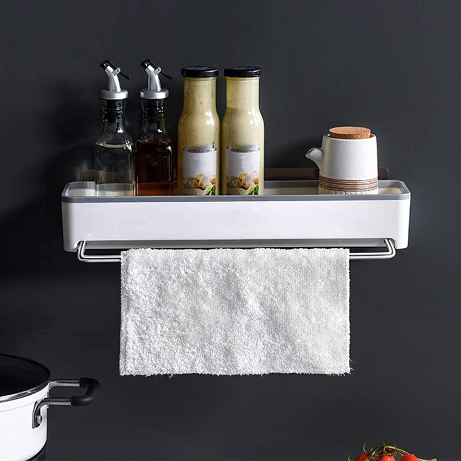 XENOTY Self Adhesive Kitchen and Bathroom Shelves Wall Organizer Shower Caddy Basket Shelf with Bath Towel Bars - Hanging Storage Rack for Kitchen with portable Towel holder