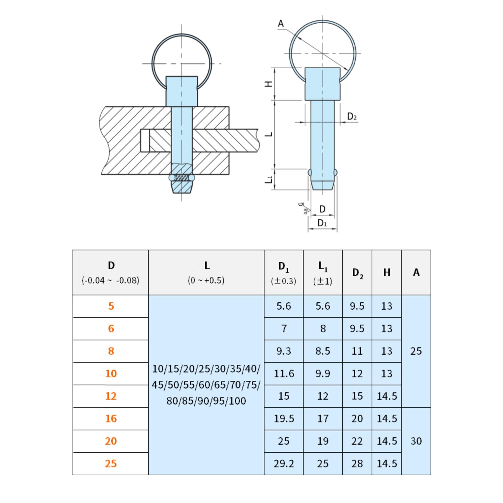 Perno di bloccaggio a sfera, Perno a sgancio rapido Chiusura a molla in acciaio inossidabile con diametro di 6 mm for attrezzature for il fitness(6x15mm)