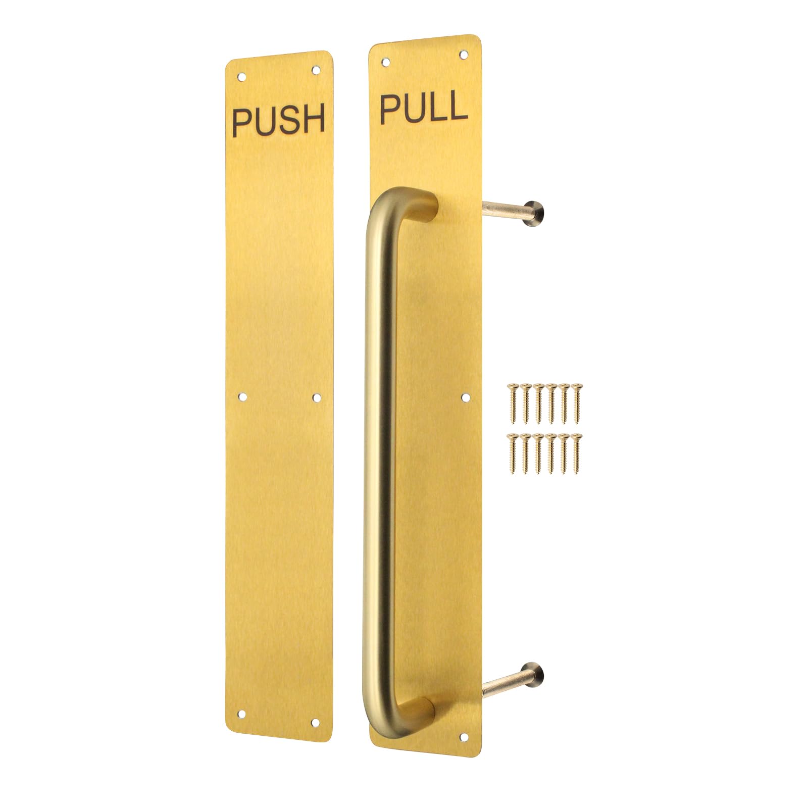 Eai Satin Brass Brass Push Pull Handle On Plate, 475 X 75Mm Commercial Handle On Finger Plate For Schools, Offices, Shops & More