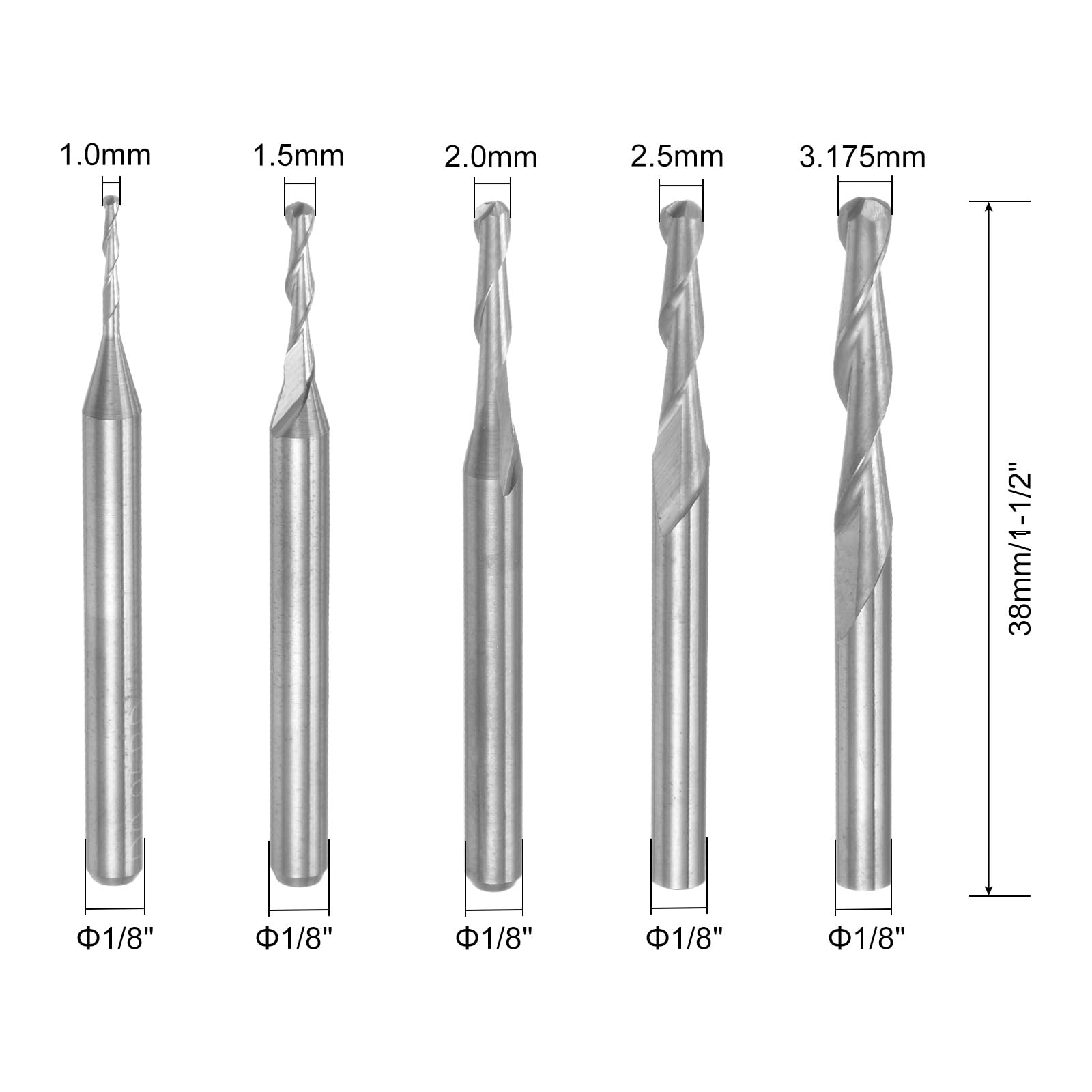 sourcing map Lot de 10 fraises à bout sphérique CNC - Tige de 0,3 cm - 1 à 3,175 mm - 2 cannelures en carbure solide - Outils de fraisage pour PCB, acrylique, plastique, bois, aluminium