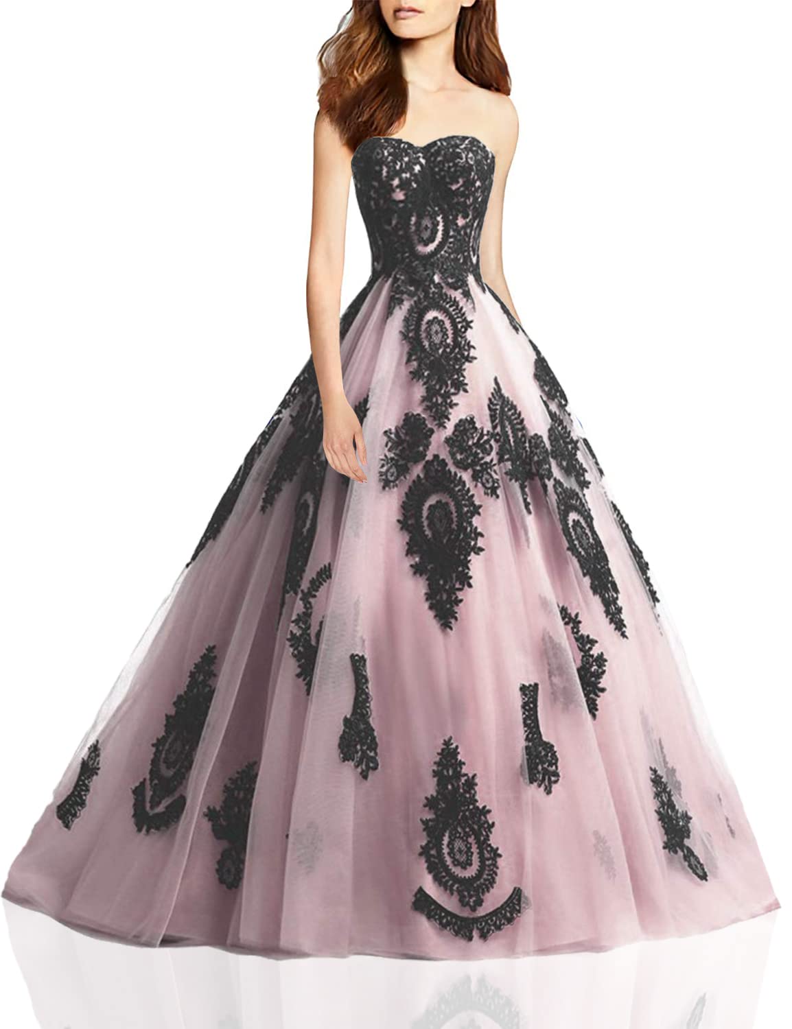 black and pink lace prom dress