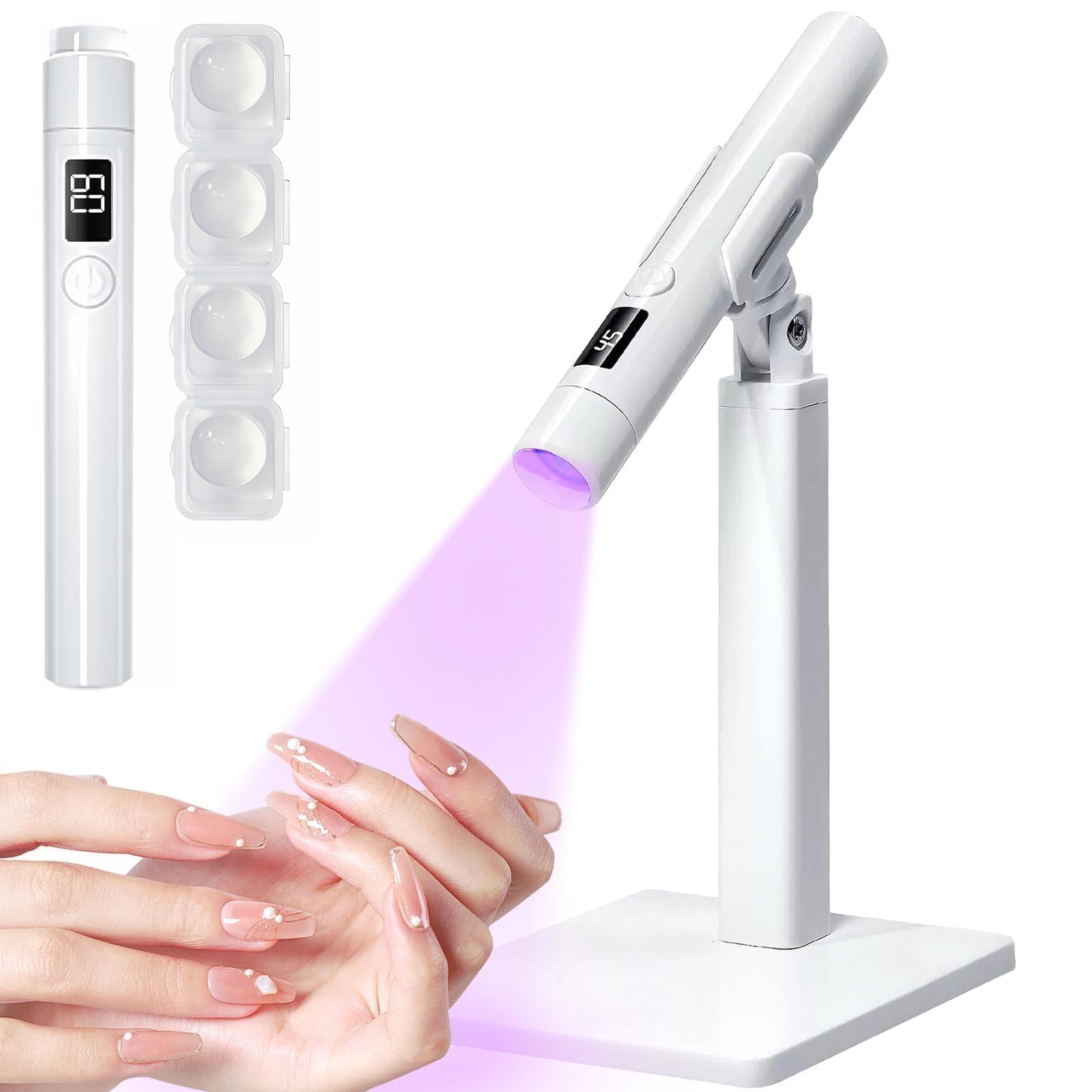 MuGaoDee ネイルライト ペン型 LED & UV ジェルネイル スタンド付き ネイルライト 速乾 ハンディ UVライト 2階段タイマー LEDライト 携帯ネイル ライト プロ用 初心者用 ミニ硬化 レジン/トップコート対応 セルフ USBコードレス レジン用 (ホワイト)