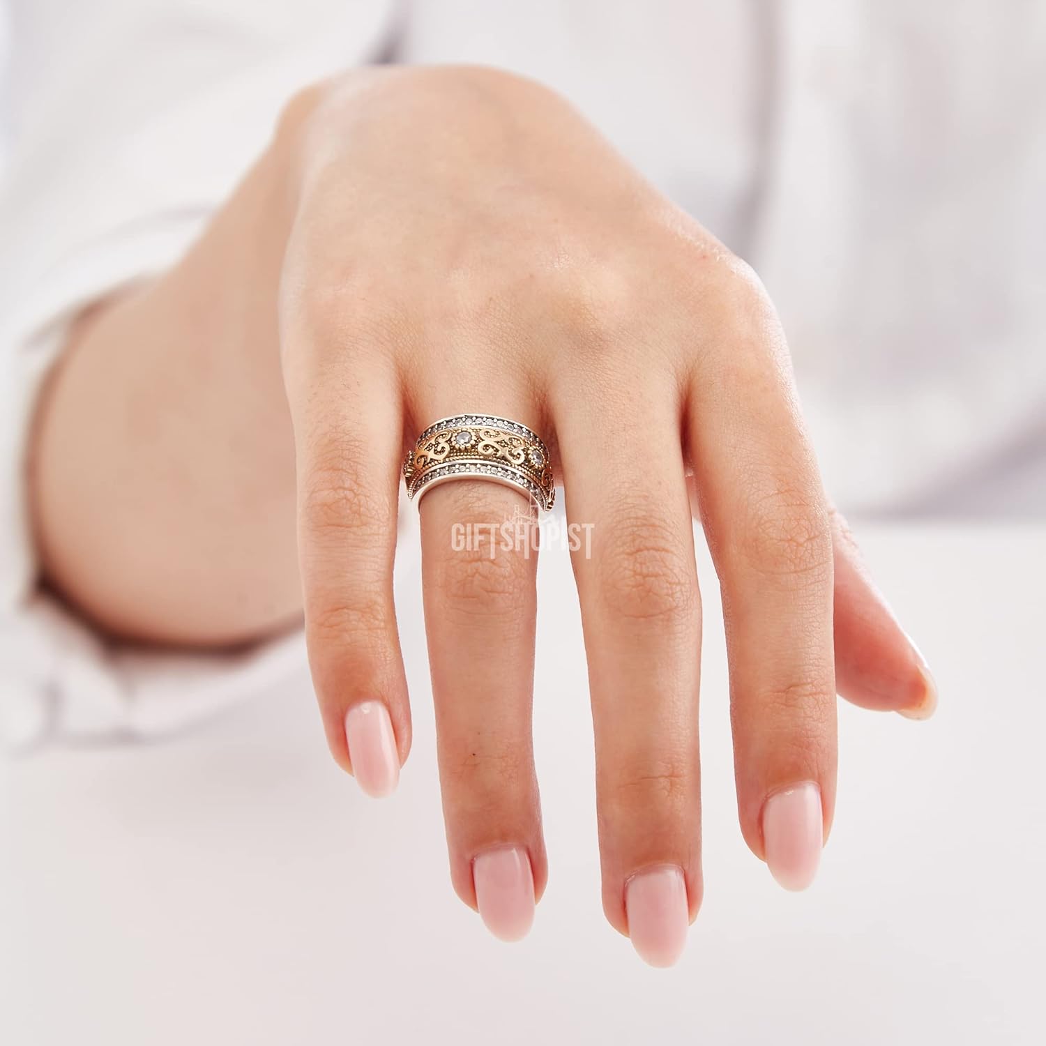 Handmade Turkish Authentic Jewelry Round Shape Cut Topaz 925 Sterling Silver Band Ring for Gift for Ladies Size ALL - Image 4