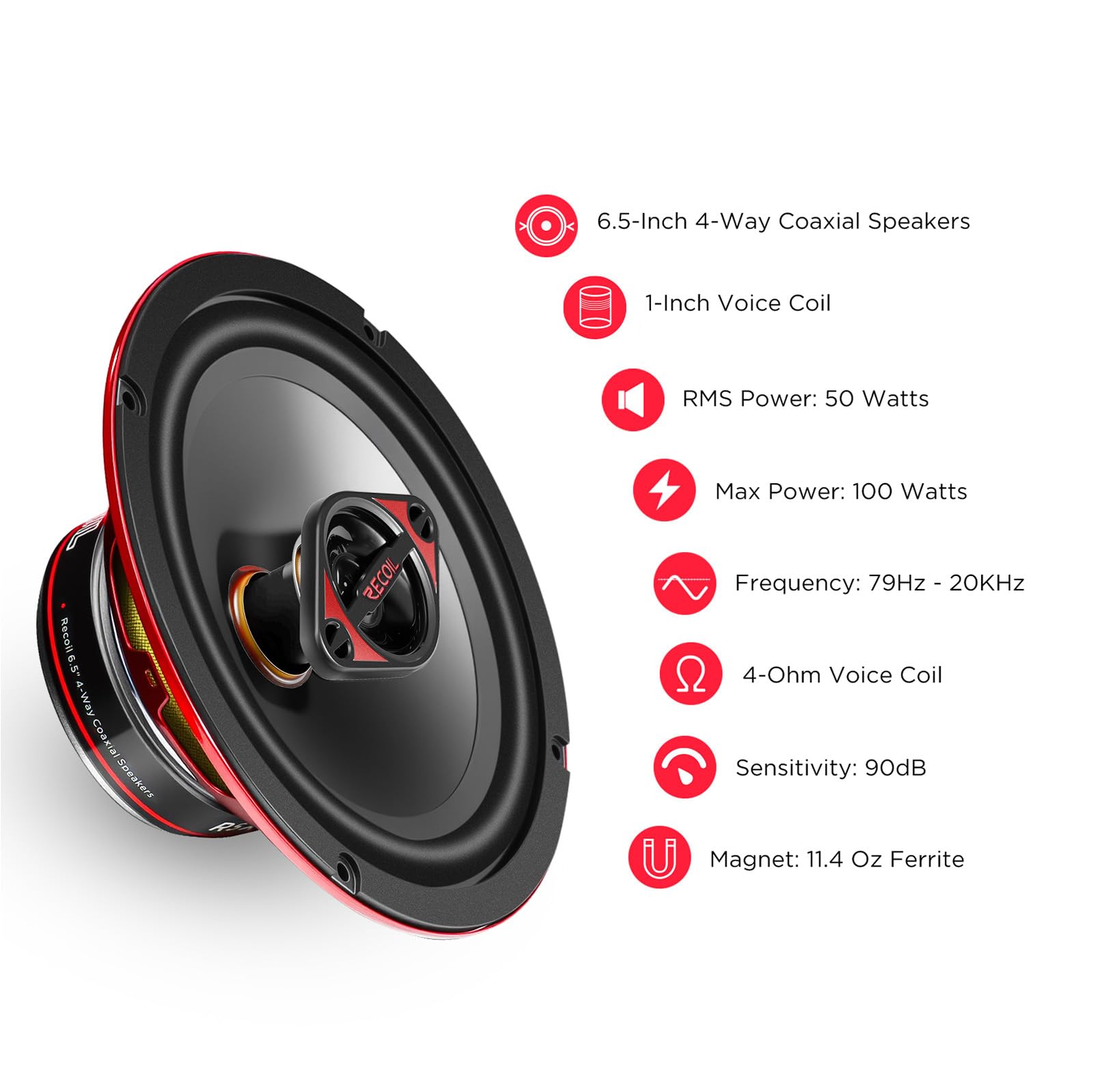 RECOIL RSX654 Altavoces coaxiales para Coche de 4 vías 165 mm (6,5 Pulgadas), 200 W máx. (par), Sonido equilibrado de Alto Rendimiento con Altavoz de Medios Mylar