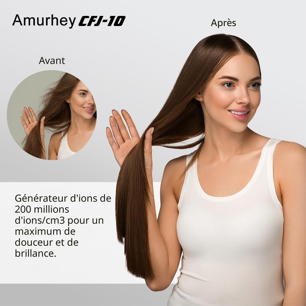 Sèche-cheveux ionique avec flux d'air de 24 m/s Amurhey – Léger & Pliable (env. 250 g)– Sèche-cheveux de voyage 2000 W avec Concentrateur & diffuseur – Hair Dryer Moteur sans balais 110 000 tr/min