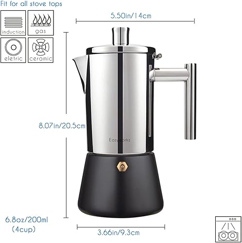 Miniatura 3 de Easyworkz Diego - Cafetera de café expreso de acero inoxidable, 4 tazas, 6.8 onzas, cuchara de café retro de acero inoxidable con mango de nogal