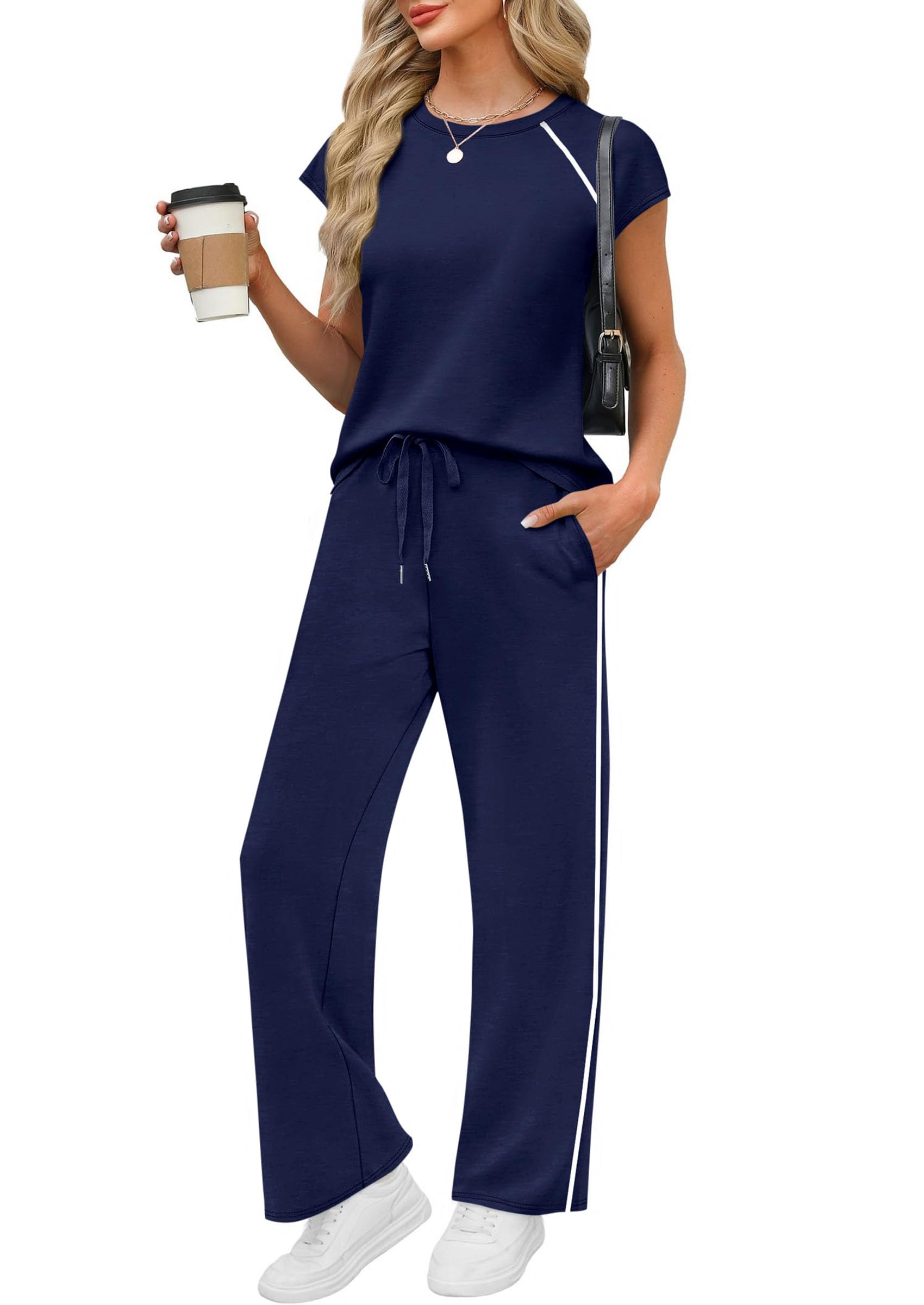 Two Piece Sets for Women 2026 Summer Vacation Outfits Cap Sleeve Tops Lounge Pants Matching Set Fashion Clothing-image-0