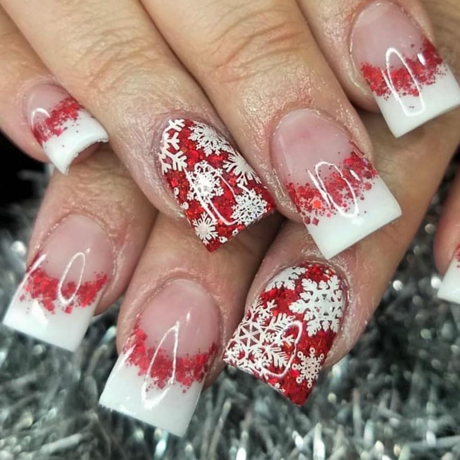 Christmas White French Tip Press on Nails Medium Square Fake Nails Xmas Gradient Snowflake Glossy False Nails Christmas Red White Glitter Glue on