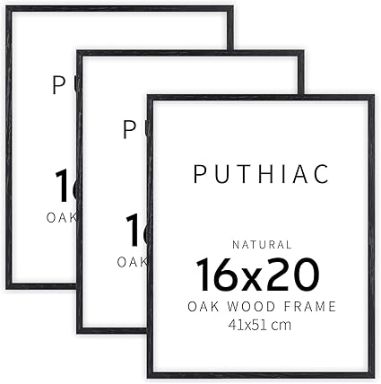 puthiac 16x20 Black Picture Frames for Wall - Minimalist 16x20 Oak Wood Frames, 16"x20" Picture Frame Wood, Natural Solid Wooden Picture Frames for Wall Art Photo and Prints (3 Pack, Black)