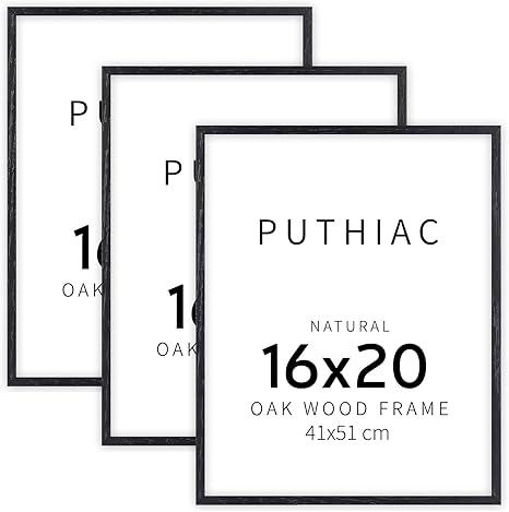 puthiac 16x20 Black Picture Frames for Wall - Minimalist 16x20 Oak Wood Frames, 16"x20" Picture Frame Wood, Natural Solid Wooden Picture Frames for Wall Art Photo and Prints (3 Pack, Black)