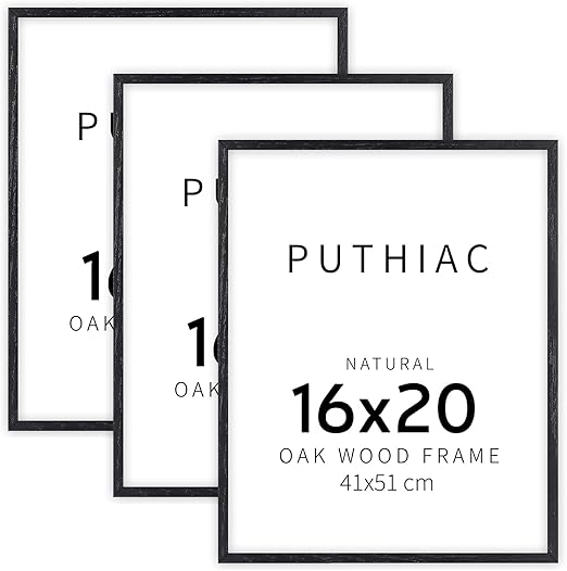 puthiac 16x20 Black Picture Frames for Wall - Minimalist 16x20 Oak Wood Frames, 16"x20" Picture Frame Wood, Natural Solid Wooden Picture Frames for Wall Art Photo and Prints (3 Pack, Black)