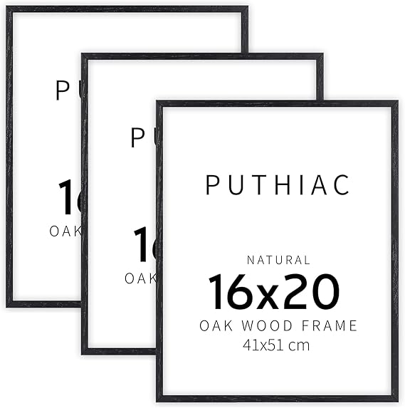 puthiac 16x20 Black Picture Frames for Wall - Minimalist 16x20 Oak Wood Frames, 16"x20" Picture Frame Wood, Natural Solid Wooden Picture Frames for Wall Art Photo and Prints (3 Pack, Black)