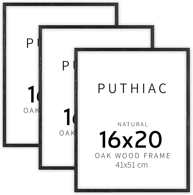 puthiac 16x20 Black Picture Frames for Wall - Minimalist 16x20 Oak Wood Frames, 16"x20" Picture Frame Wood, Natural Solid Wooden Picture Frames for Wall Art Photo and Prints (3 Pack, Black)