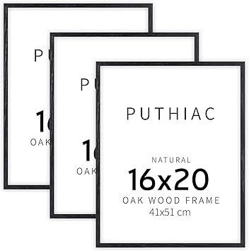puthiac 16x20 Black Picture Frames for Wall - Minimalist 16x20 Oak Wood Frames, 16"x20" Picture Frame Wood, Natural Solid Wooden Picture Frames for Wall Art Photo and Prints (3 Pack, Black)
