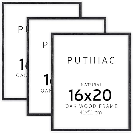 puthiac 16x20 Black Picture Frames for Wall - Minimalist 16x20 Oak Wood Frames, 16"x20" Picture Frame Wood, Natural Solid Wooden Picture Frames for Wall Art Photo and Prints (3 Pack, Black)