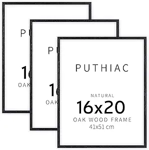puthiac 16x20 Black Picture Frames for Wall - Minimalist 16x20 Oak Wood Frames, 16"x20" Picture Frame Wood, Natural Solid Wooden Picture Frames for Wall Art Photo and Prints (3 Pack, Black)
