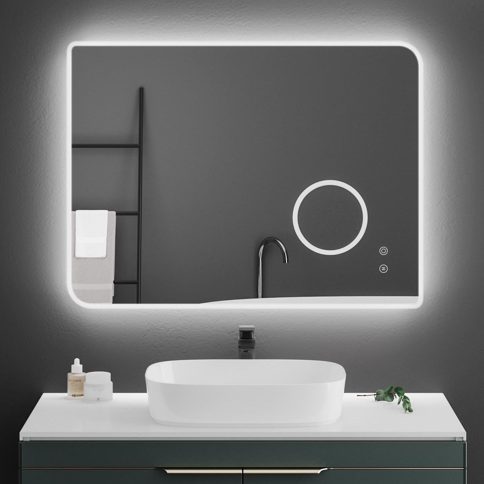 Mondeer Espejo de baño con iluminación, Espejo de baño LED con Interruptor táctil, 3 aumentos y antivaho, 3 Colores de luz Regulable para baño, 80 x 60 cm (3000 K - 6500 K)