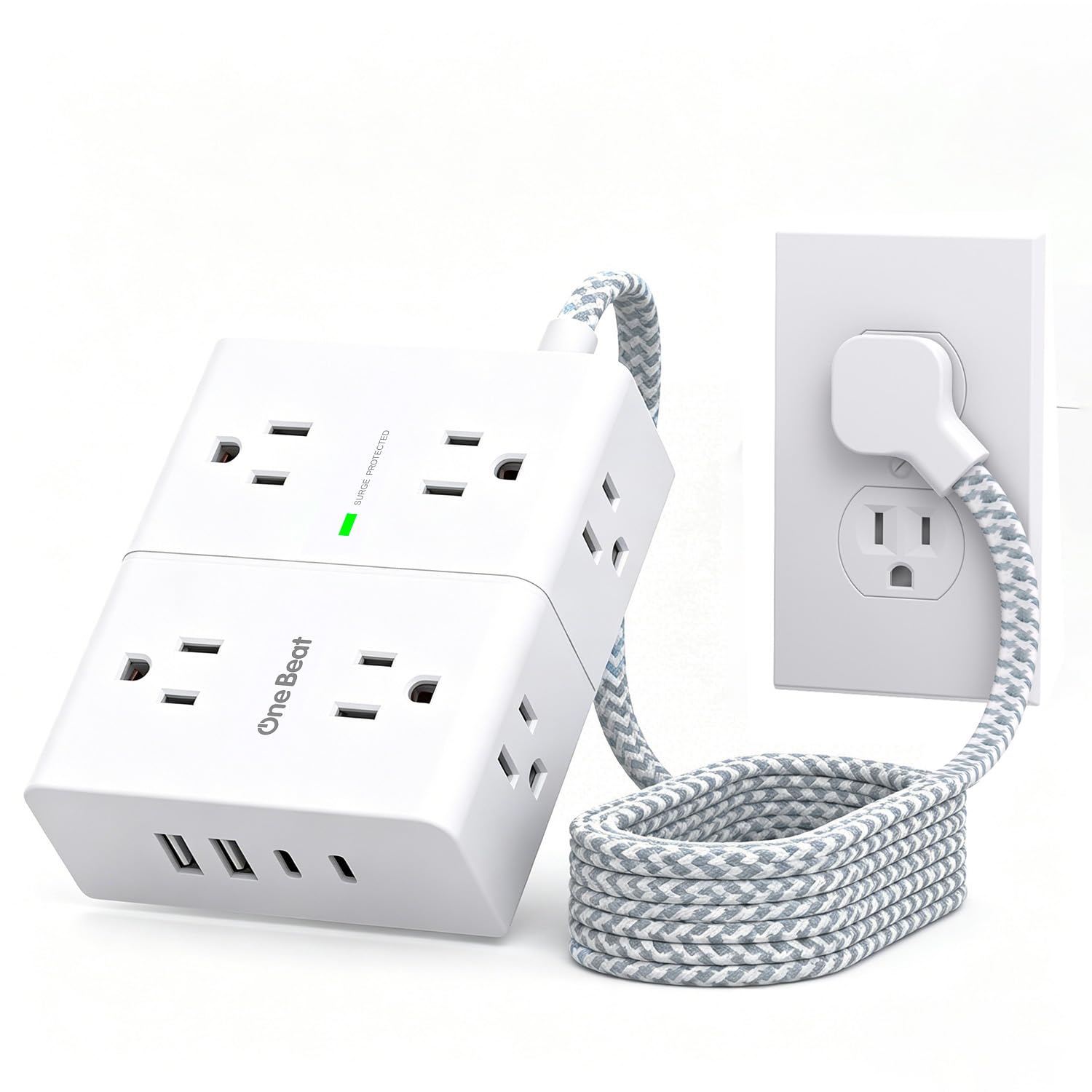 One Beat Flat Plug Surge Protector Power Strip, 6 Ft Flat Extension Cord