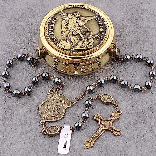 HanlinCC Hematite Black Stone Beads Saint Michael the Archangel Catholic Rosary Necklace with Gold Metal Gift Box for Men Women3