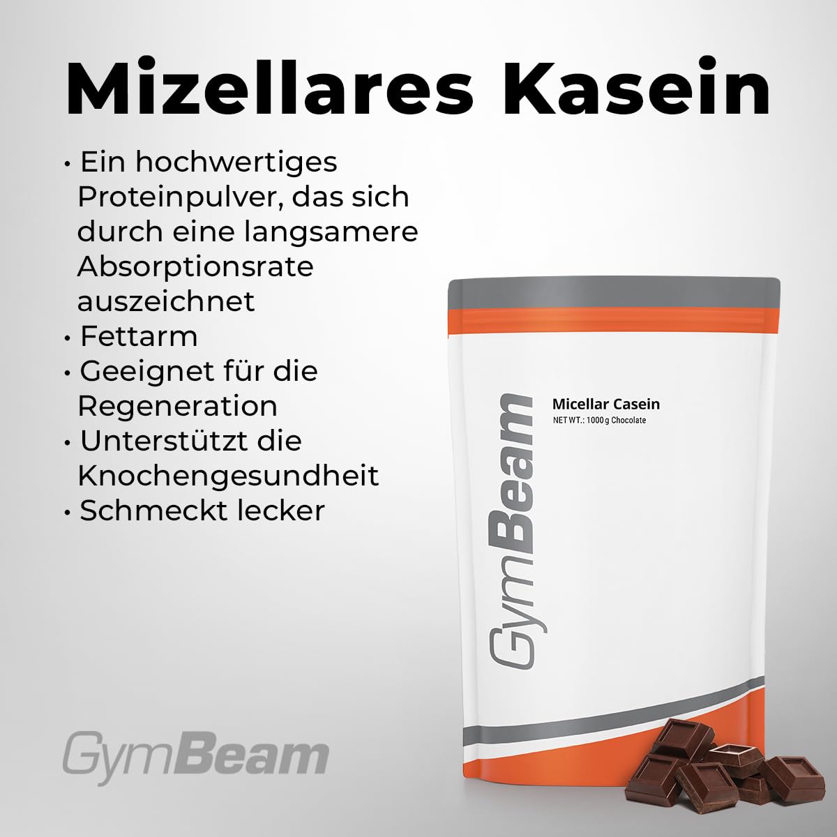 GymBeam Mizellares Kasein Proteinpulver – langsame Absorption, fettarm, unterstützt Regeneration und Knochengesundheit, ideal für Gewichtsabnahme und Muskelaufbau, (1000 g, Schokolade)
