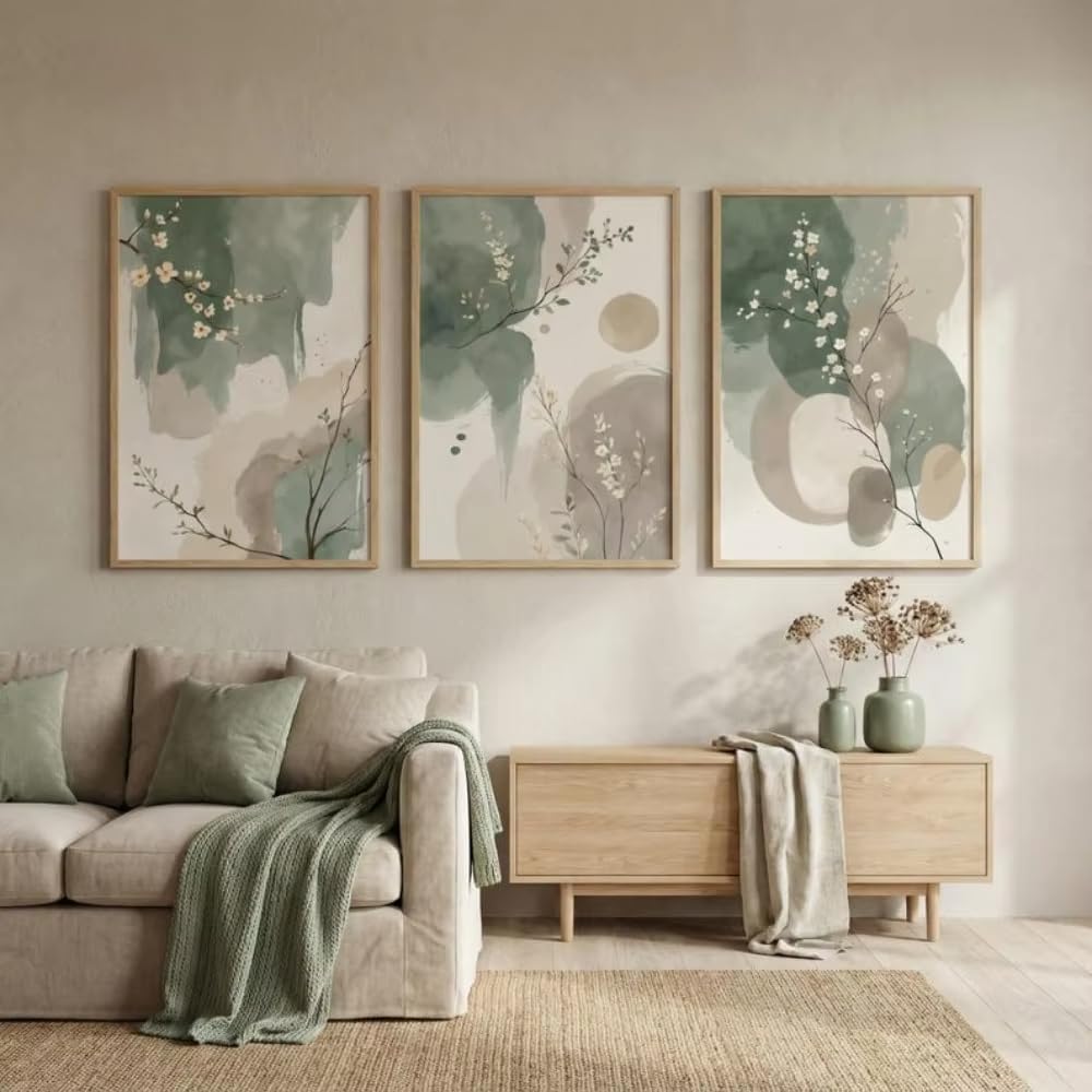 DFZEWKI Quadro astratto giapponese con foglie, verde salvia, beige, decorazione zen moderna su tela, ideale per soggiorno e camera da letto (70x100 cm (28x39 pollici) x 3 pezzi/senza cornice)