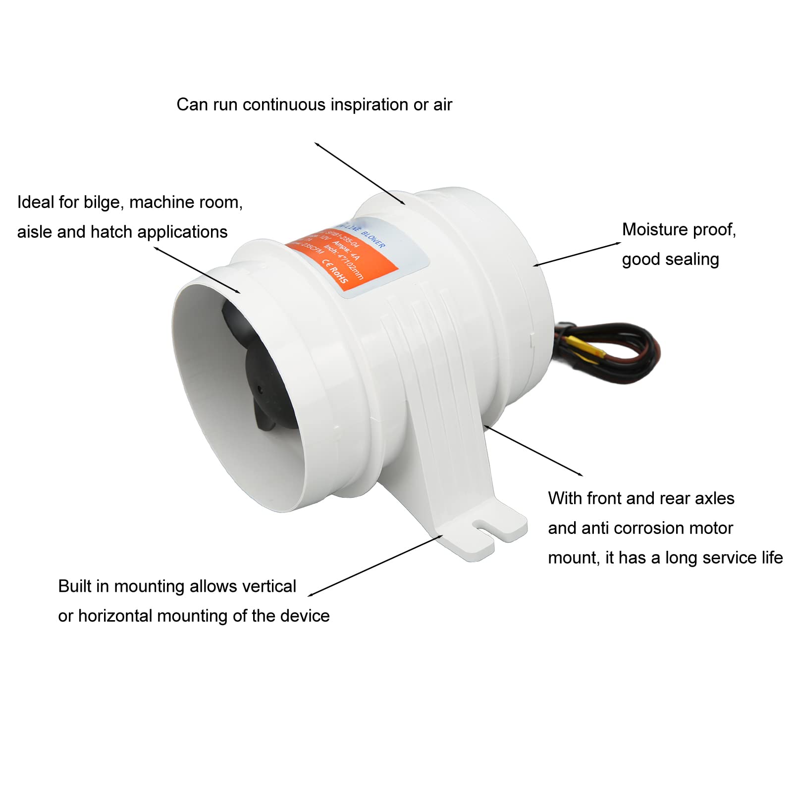 Dilwe Ventilador de Ventilación Marina de Aire en Línea de 4 Pulgadas Ventilador Eléctrico Bilge 235cfm DC12V con Carcasa de ABS y Núcleo de Motor de Cobre para Barcos RVs Yates Salas de Máquinas