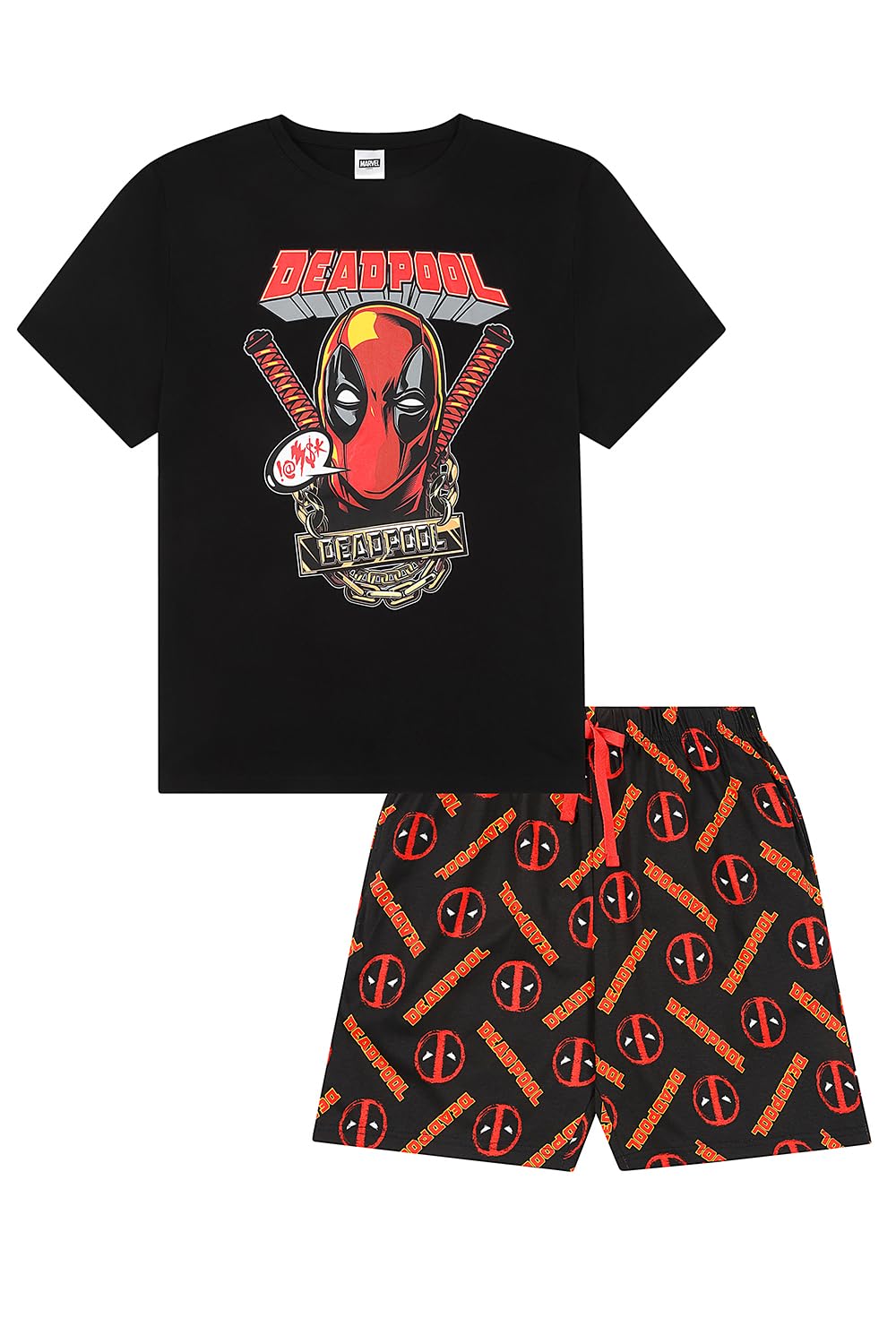 Marvel Mens Deadpool Short Pyjama Set PJs Nightwear Loungewear (Medium) Black