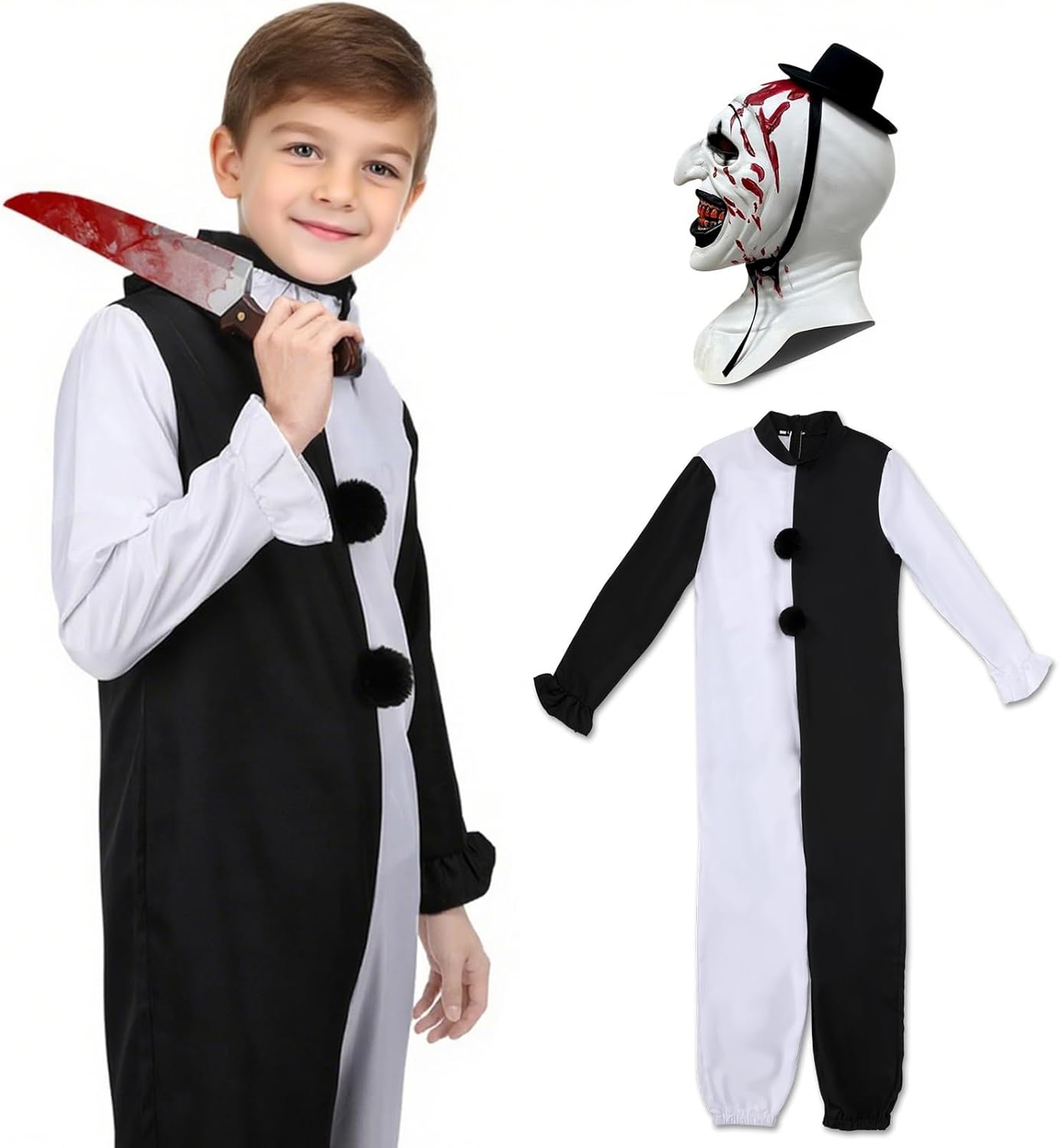 Pigmiss Kids Art The Clown Terrifying Costume Horror Mask Killer Scary Halloween Masquerade Party Cosplay Outfits - Image 2