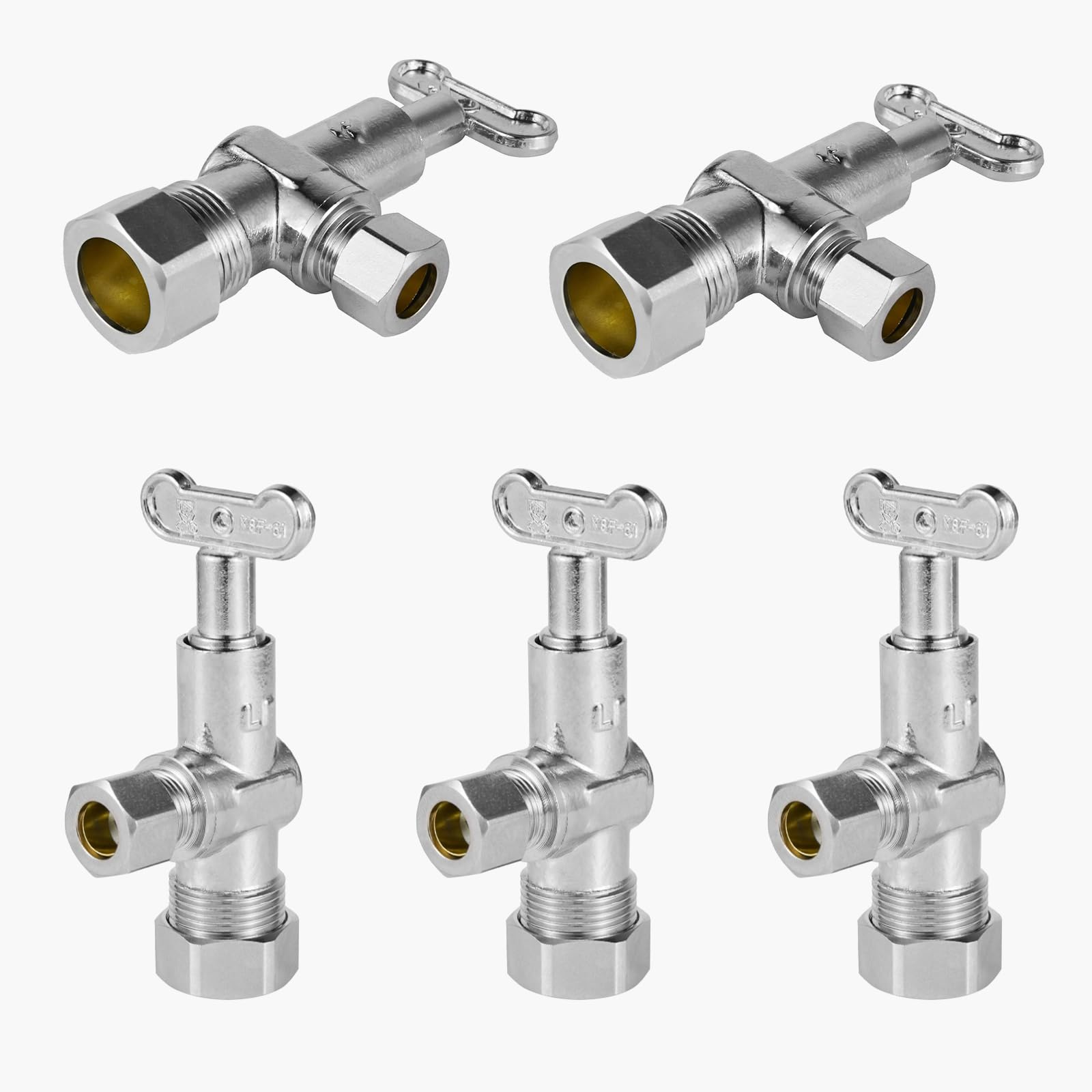 Confezione da 5 valvole di arresto ad angolo GUOFIS con chiave di controllo allentata da 1/4 di giro, 1/2" nominale (5/8" OD) compressione x 3/8" OD, valvole di intercettazione in ottone cromato per