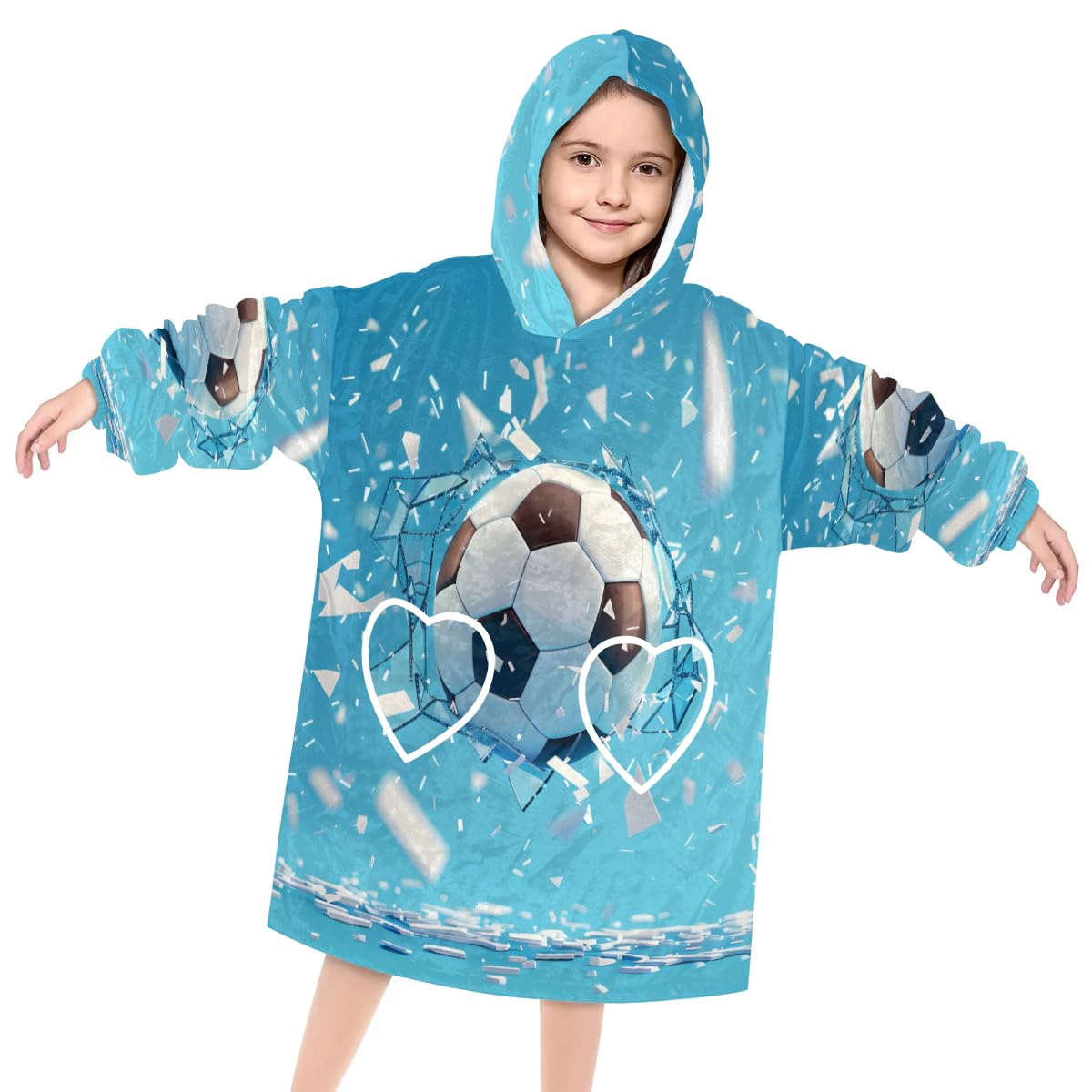 Pardick Wearable Blanket Hoodie for Kids, Dreamy Football Fleece Sweatshirt Blanket Oversized Blanket Sweatshirt with Pocket Flannel Warm Hooded Blanket 6-10 Year Old Girl Boy Gift, One Size