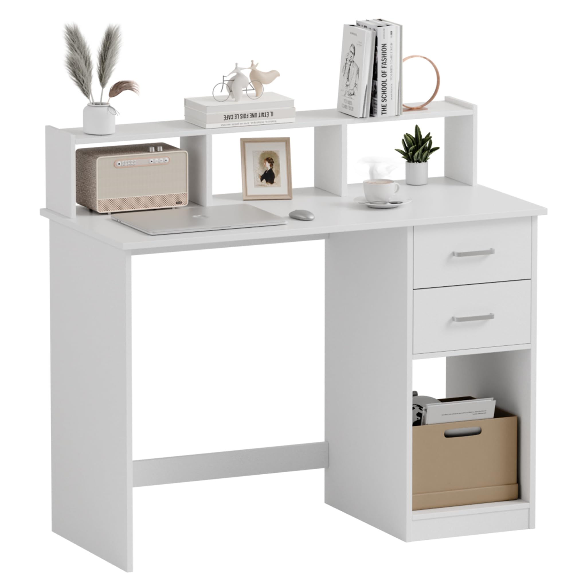 Mondeer Bureau Blanc, Bureau avec Rangements avec 2 Tiroirs et Étagères, Bureau Ordinateur pour Postes de Travail, Chambre Étudiante, Écritur, 105 x 48 x 94 cm